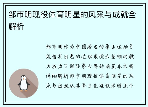 邹市明现役体育明星的风采与成就全解析