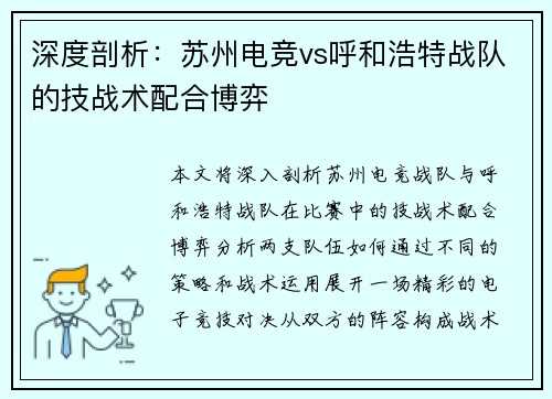深度剖析：苏州电竞vs呼和浩特战队的技战术配合博弈